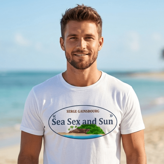 T-shirt blanc Serge Gainsbourg avec logo « Sea Sex and Sun » style vintage rock années 70 Tshirt Vintage Factory.