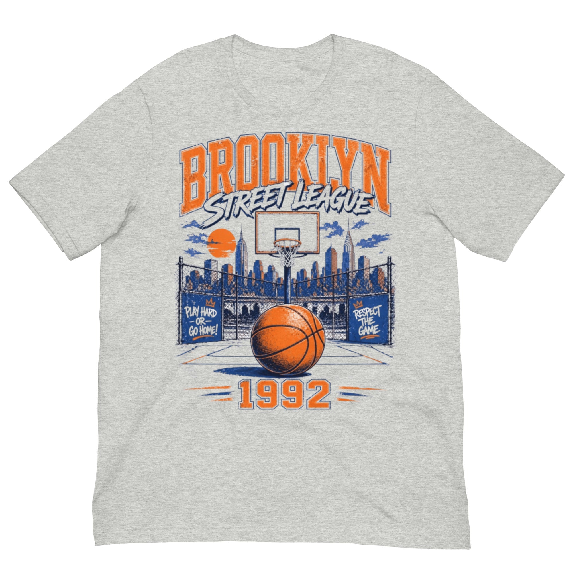 T-shirt Vintage Factory gris chiné unisexe avec motif basketball Brooklyn Street League 1992 orange et bleu.