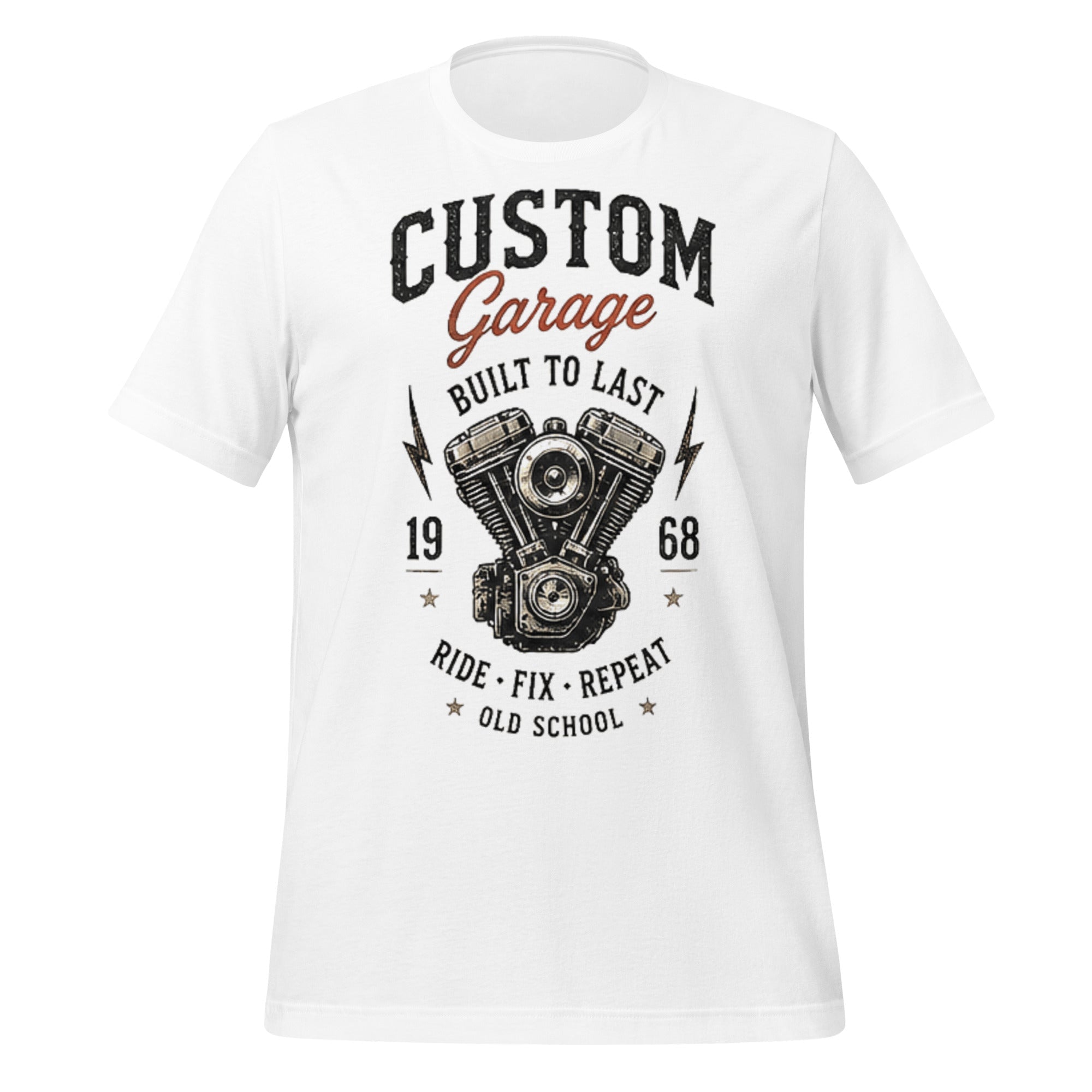 T-shirt blanc unisexe vintage avec imprimé moteur Custom Garage 1968 style Factory années 60.