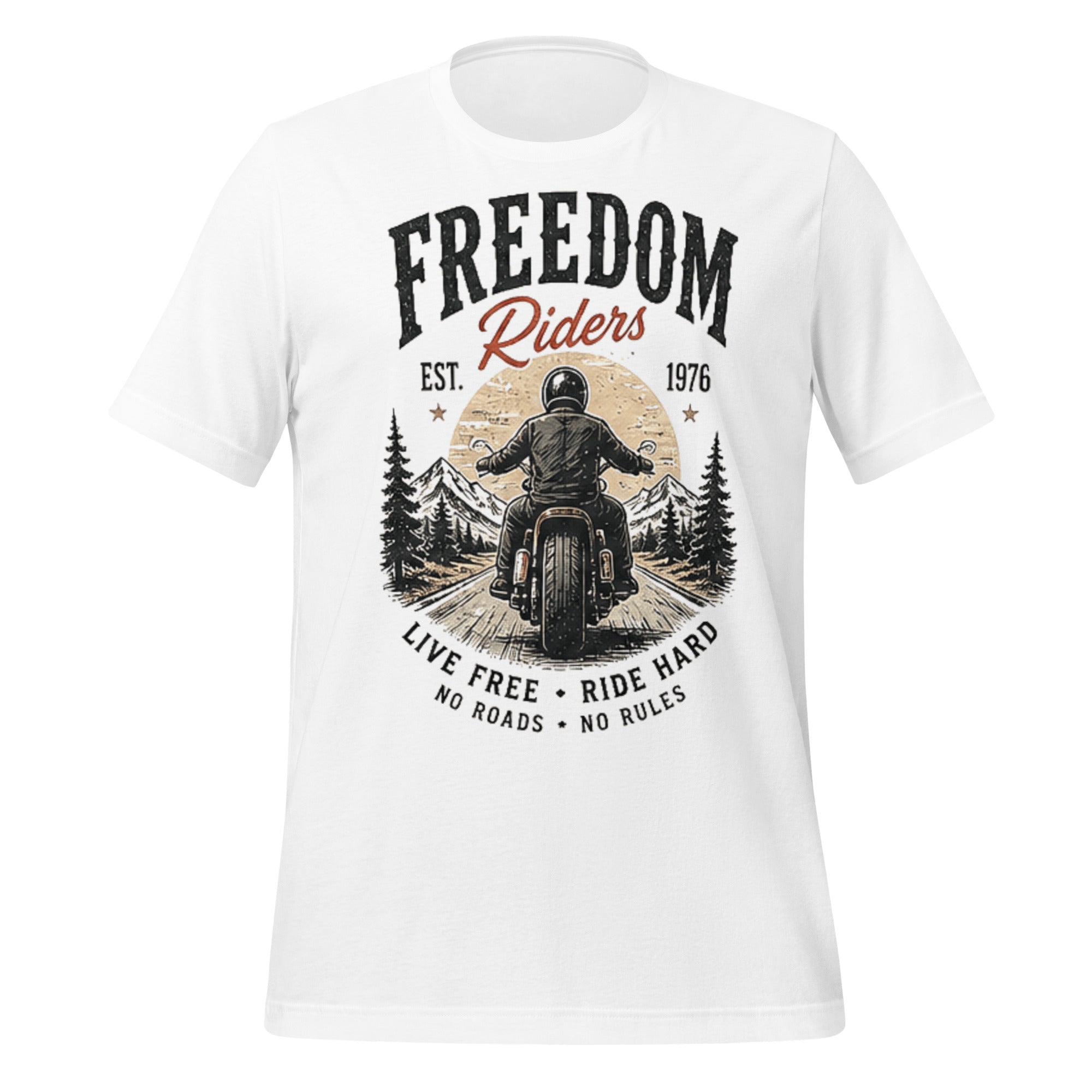 T-shirt blanc unisexe Vintage Factory avec imprimé Freedom Riders années 70 et motocyclette.