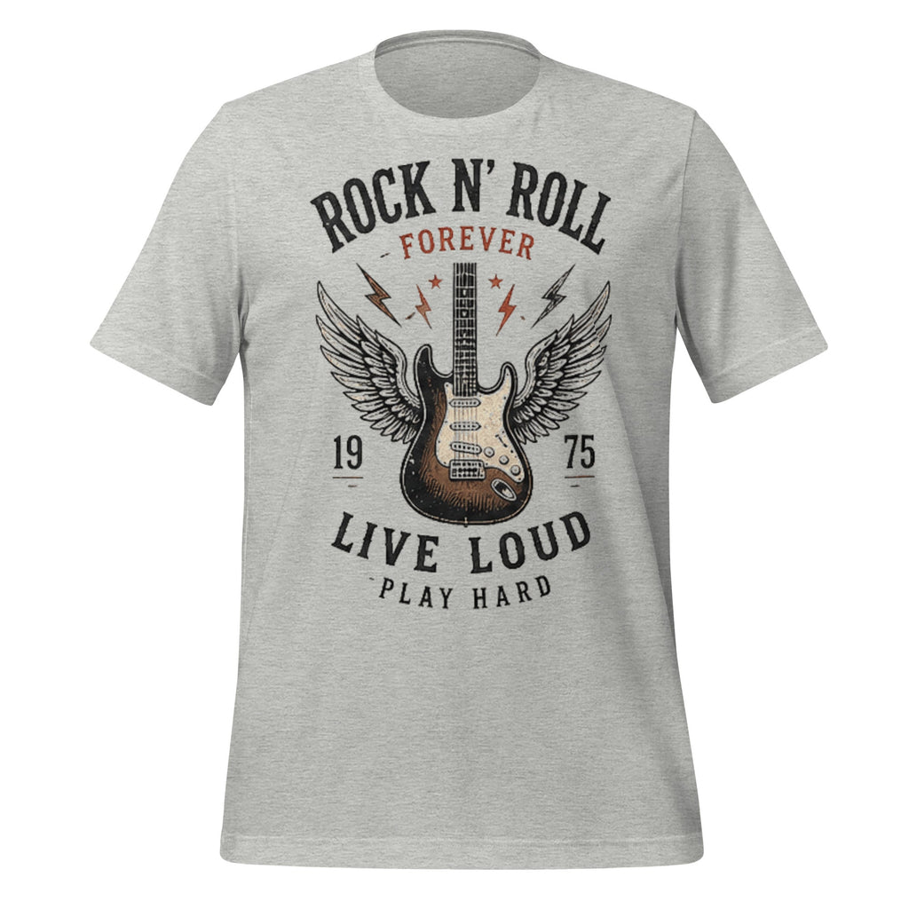 T-shirt vintage Factory gris chiné unisexe avec guitare rock et texte Rock N’ Roll Forever 1975.