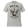 T-shirt vintage Factory gris chiné unisexe avec guitare rock et texte Rock N’ Roll Forever 1975.