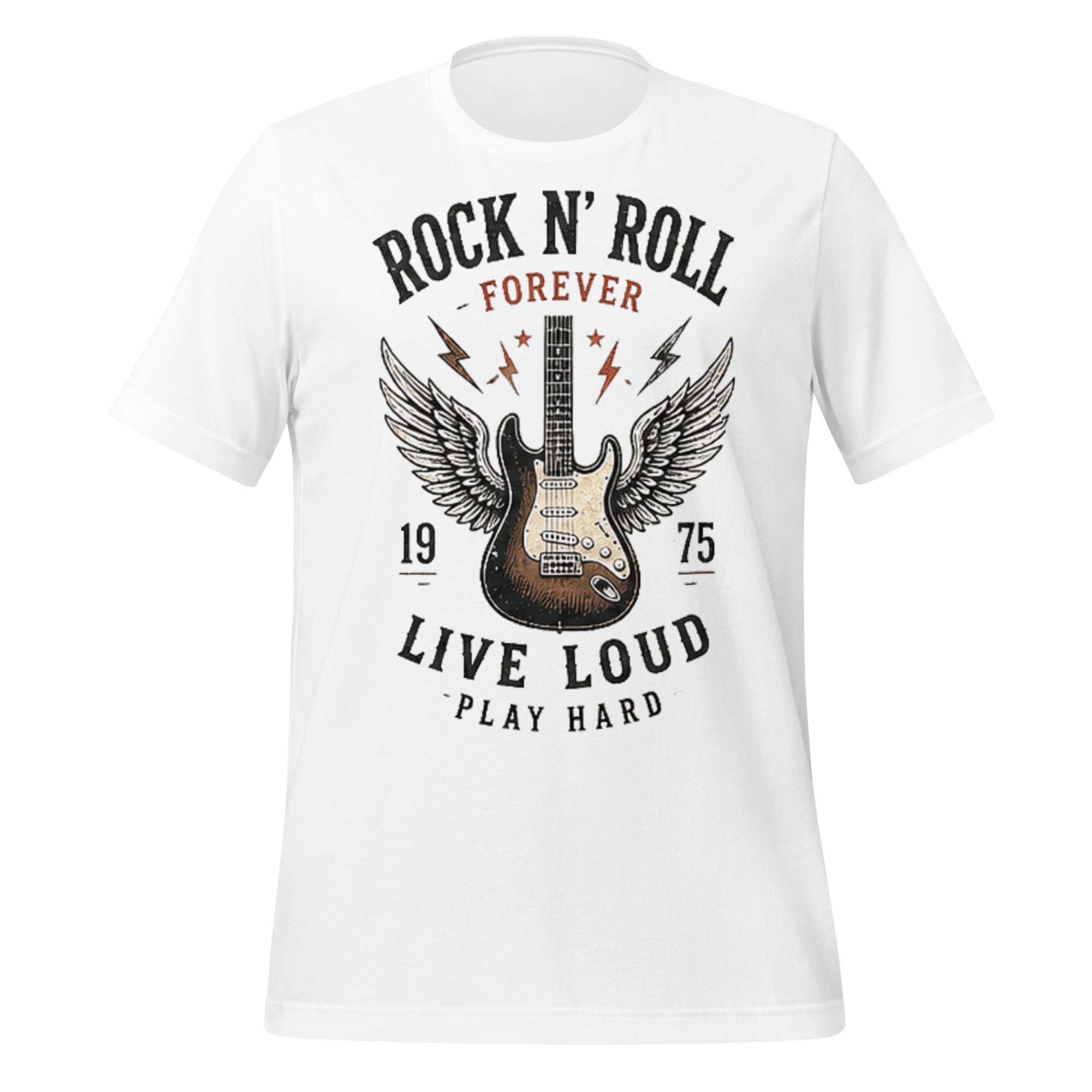 T-shirt Vintage Factory blanc unisexe Rock N’ Roll Forever 1975 avec guitare électrique et texte vintage.