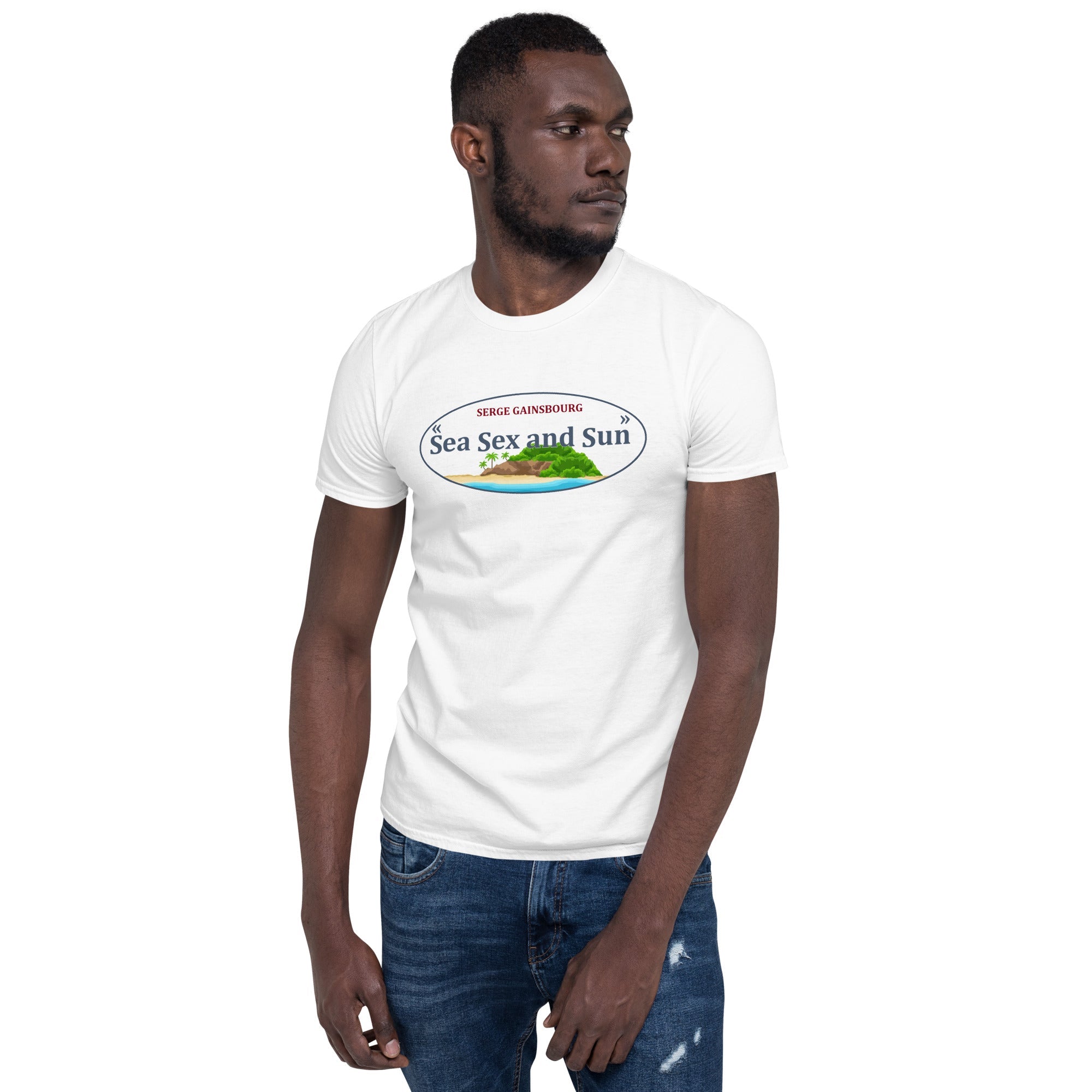 T-shirt Vintage Factory blanc unisexe avec logo Sea Sex and Sun, style années 70, coupe ajustée.