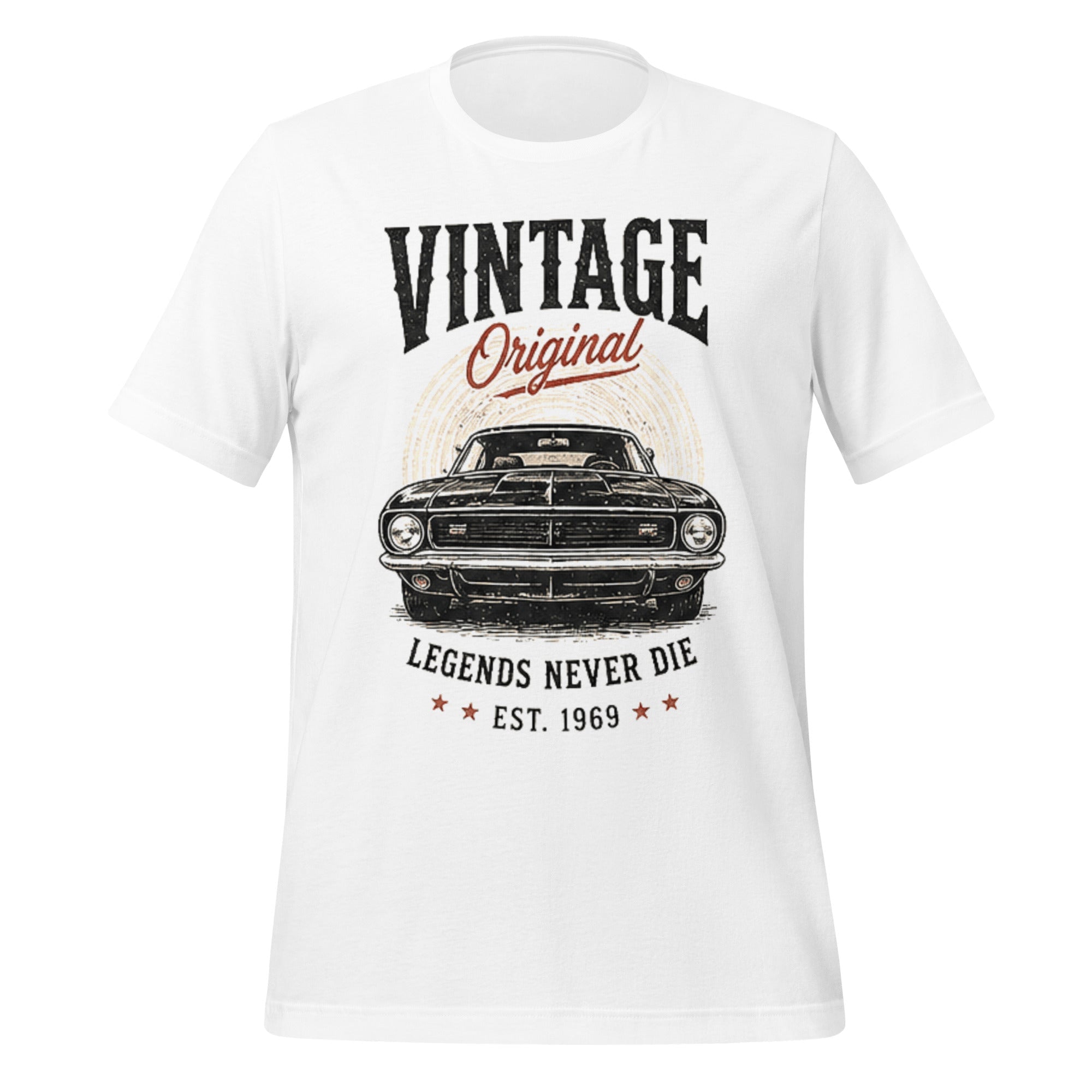 T-shirt blanc unisexe Vintage Factory avec voiture rétro et texte "Vintage Original Legends Never Die".