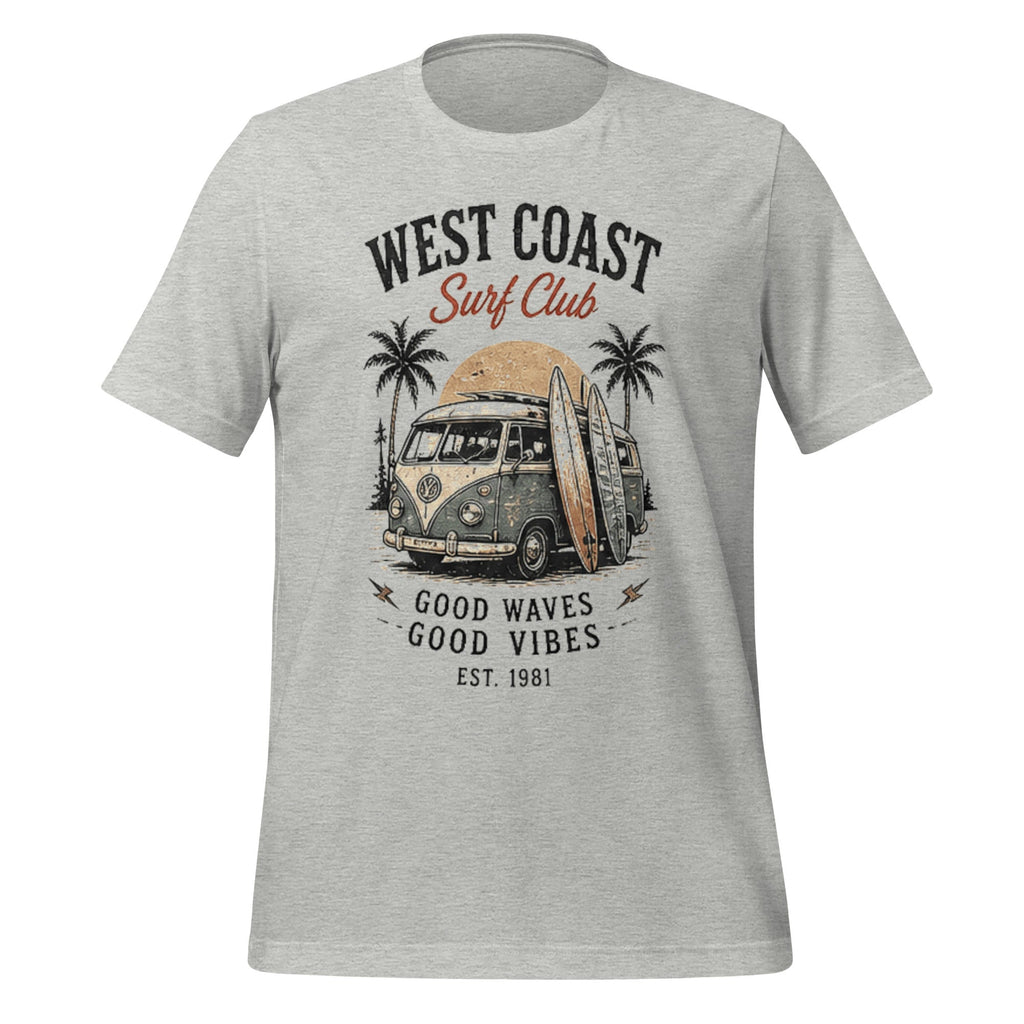 T-shirt gris Athletic Heather unisexe avec imprimé surf vintage "West Coast Surf Club 1981" style Tshirt Vintage Factory.