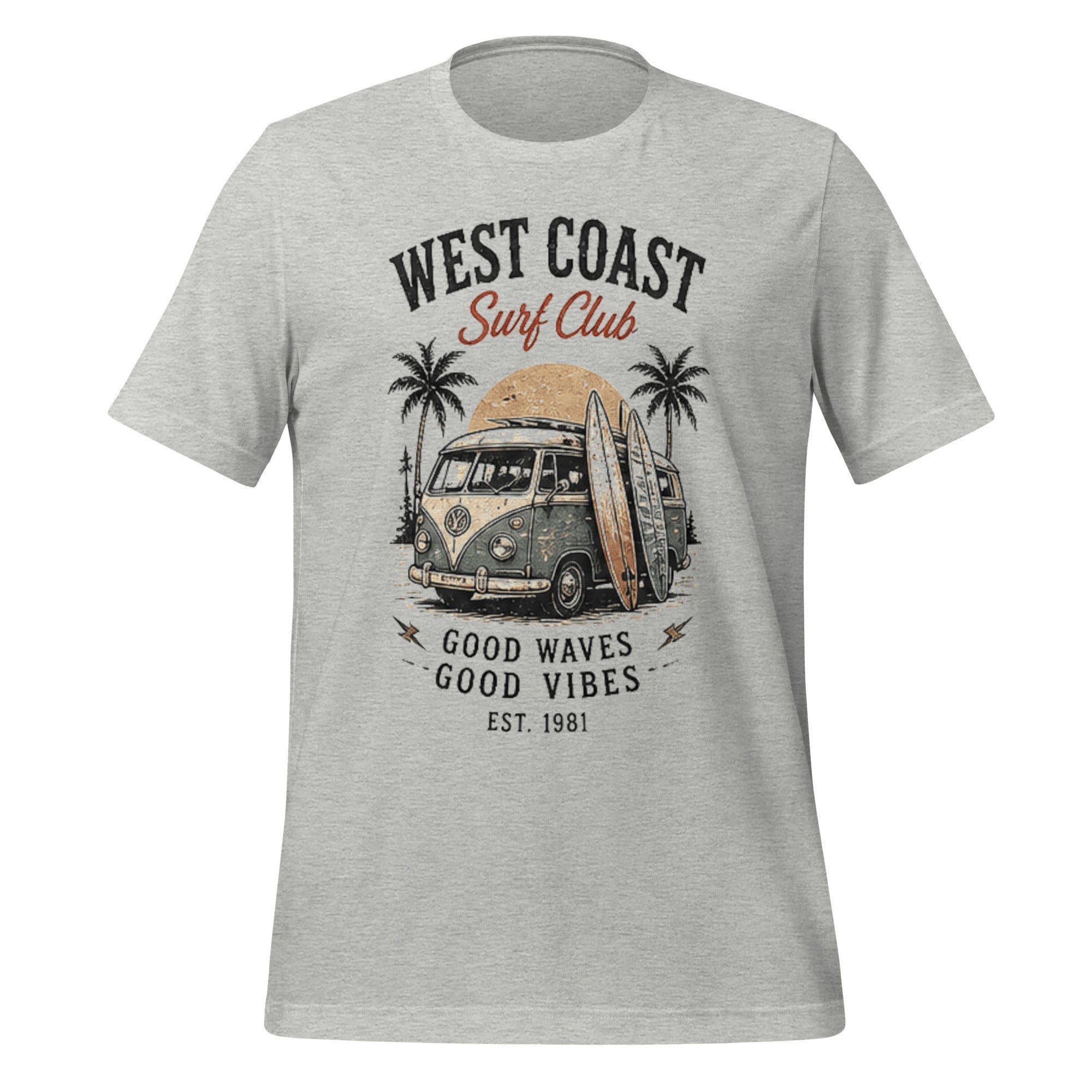 T-shirt gris Athletic Heather unisexe avec imprimé surf vintage "West Coast Surf Club 1981" style Tshirt Vintage Factory.